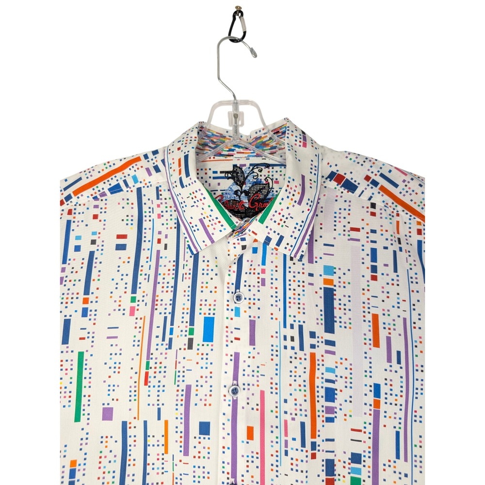 Robert Graham Button Down Shirt Mens XL White Multi Color Geometric Short Sleeve